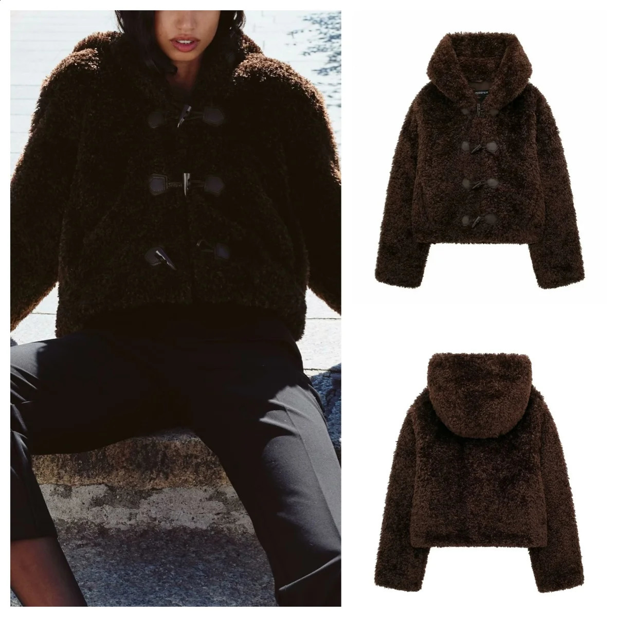 European and American style hooded versatile sherpa jacket with knotted leather buckle casual warm jacket 241227