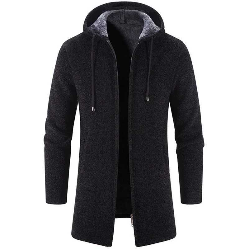 Autumn Winter Mens Fleece Warm Windbreaker Solid Color Casual Loose Hooded Knit Coat Long Sleeve Zipper Pocket Cardigan Coat W241228