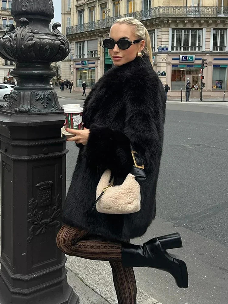 Black Thick Faux Fur Coat Vintage Loose Lapel Singlebreasted Plush Fashion Female Winter Versatile Warm Streetwear 241223