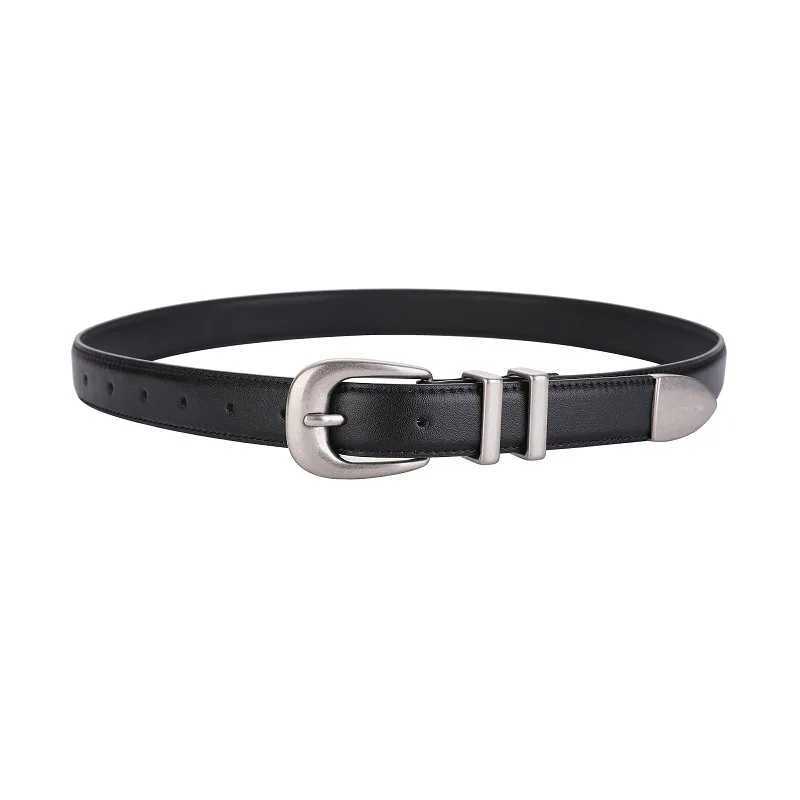 Womens tight strap leather dress strap silver buckle ultra-thin waist belt vintage denim strap W241228