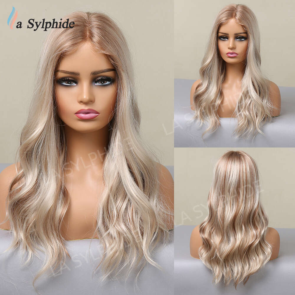 13 * 1 Front Wig Female Gold Brown Pickled Medium Split Long Curled Hair High Temperature Silk Lace T-Part Kq2 Kq2