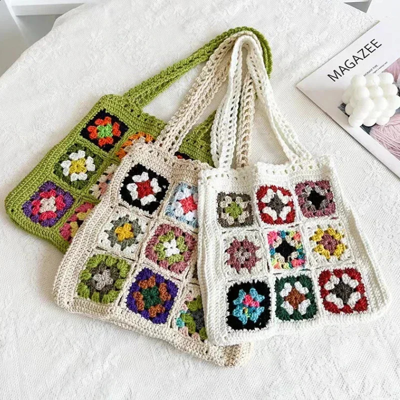 Women Boho Woven Tote Summer Beach Handbag Floral Handmade Weaving Shoulder Bags Hand Crochet Bag Flower Stitching Shopper Bag 241227