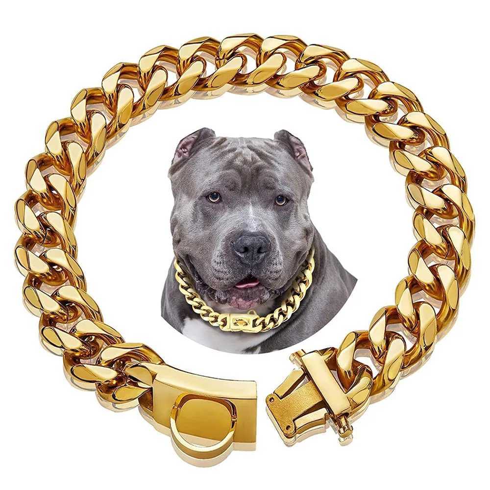 19mm Gold Chain Dog Collar Luxury Silver Gold Cuban Chain Dog Collar with Safety Buckle Suitable for Medium and Large Bulldogs M241228