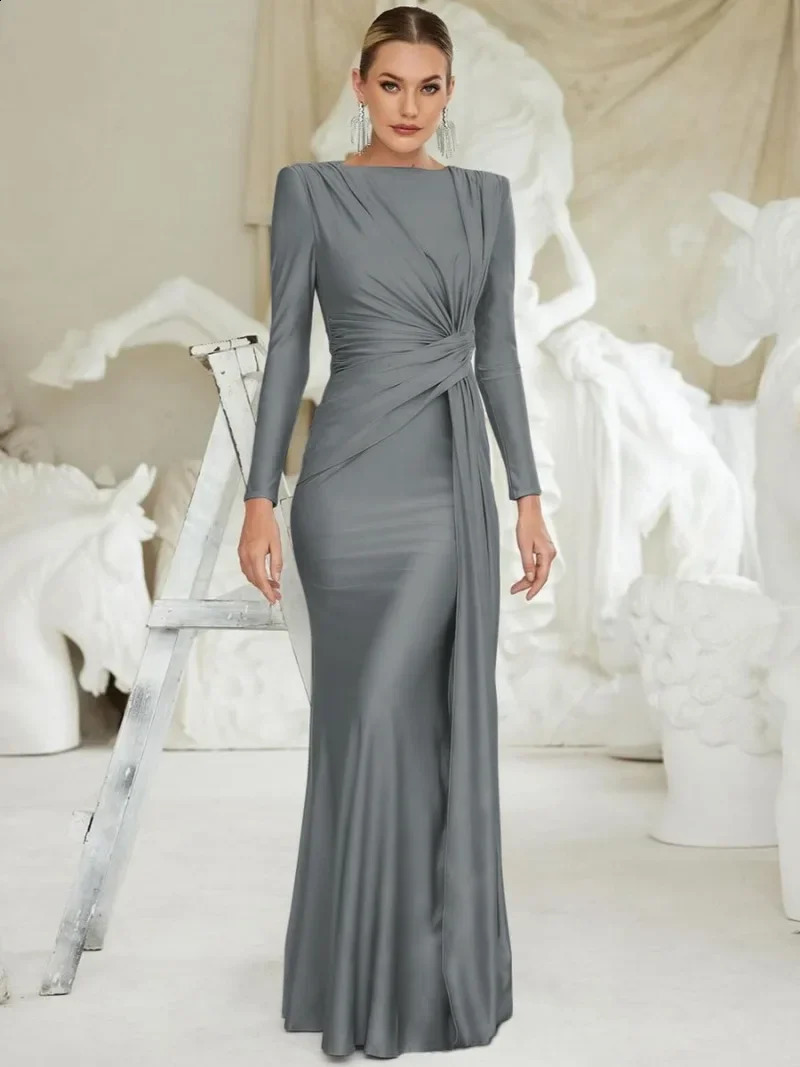 Womens Formal Occasion Dress Elegant Ladies O-neck Long Sleeve Folds High Waist Bodycon Gray Dresses Evening Party Robe 241223
