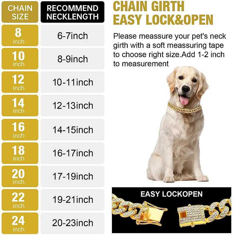Dog Chain Diamond Cuban Collar Walking Metal Chain Collar with Design Secure Buckle Pet Cat Cuban Collar Jewelry Accessories M241228