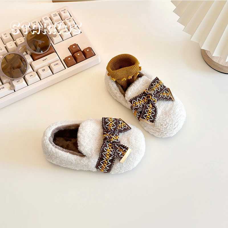 Luxury Bowknot Lambswool Loafer Baby Kid Winter Warm Teddy Fur Flat Shoes Toddler Girl Brand Design Embroider Tape Plush Shoes W241228