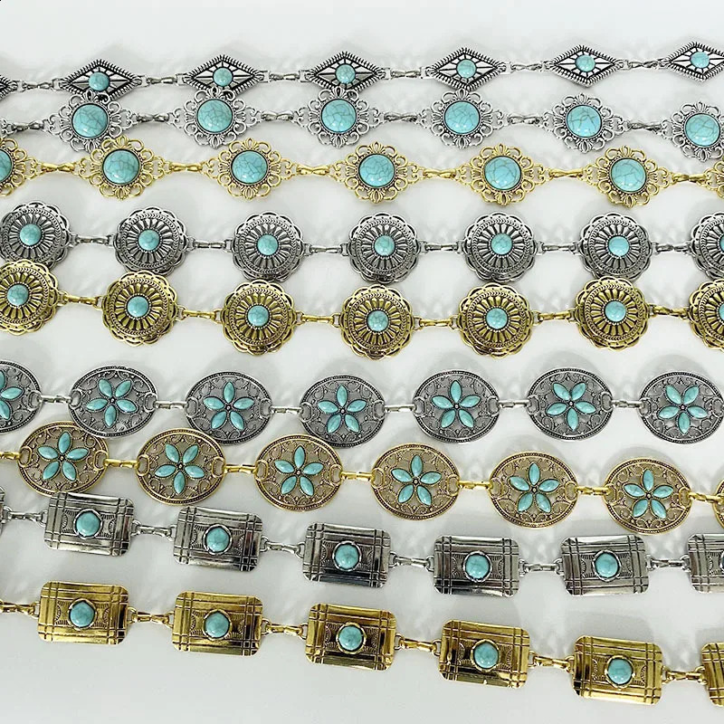 Western Concho Waist Chain Belt For Women Bohemia Vintag Link Belts Hollow Out Turquoise Golden Waistband For Cowgirl Dress Jea 241227