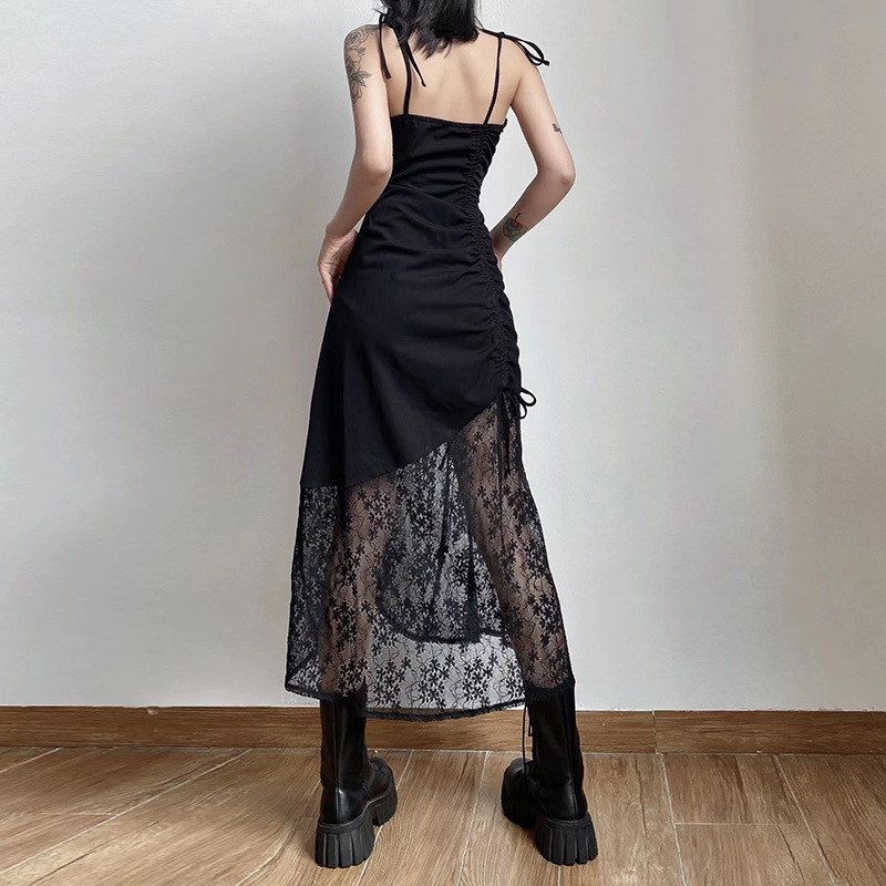 S160 Lace splicing suspender dress for women, backless, slim, hollow, pleated, waist-hugging chic long dress