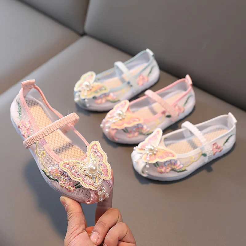 Hanfu Embroidered Shoes Baby Girls Vintage Chinese Sle Dance Shoes Butterfly Beading Mesh Ruffles Toddler Childrens Flats W241228