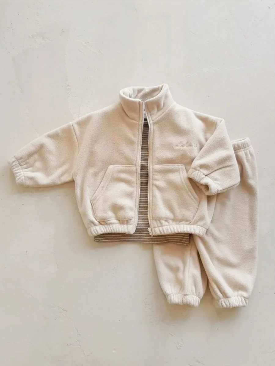 MiniAinis Autumn Baby Zipper Jacket+Thick Pants 2-piece Set Womens Double sided Velvet Thick Clothes Set X241228