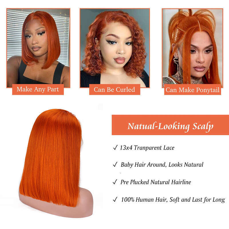 13X4 Front Bob Wigs Real Hair Wig Orange 350 # Lace Headband Kq1 Kq1