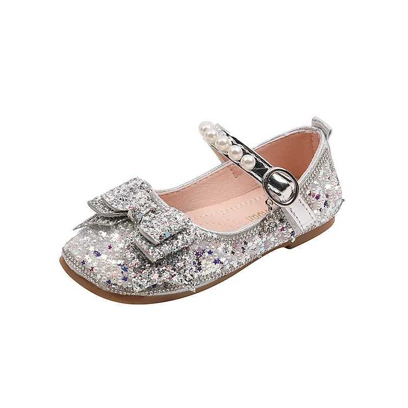 New Childrens Apartment Fashion Glitter Childrens Wedding Par Mary Jane Shoes Pearl Bow Girl Princess Leather Shoes W241228