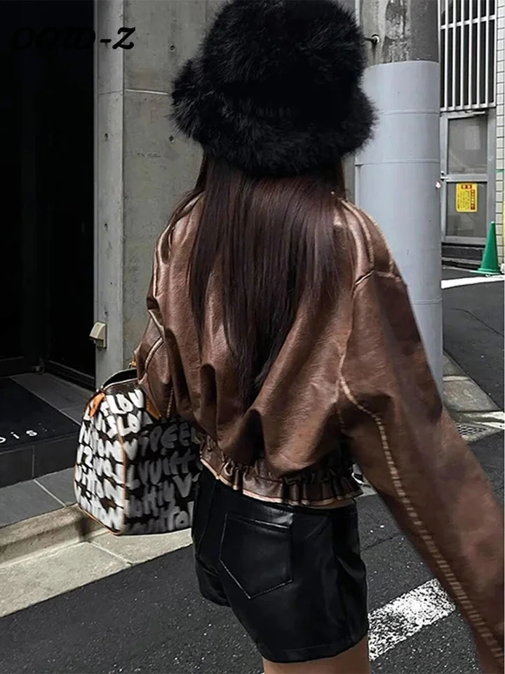 PU Leather Zipper Women Coat Zipper Patchwork O Neck Lady Jacket Fashion Autumn Winter Full Sleeve Pocket Female Overcoat 241220