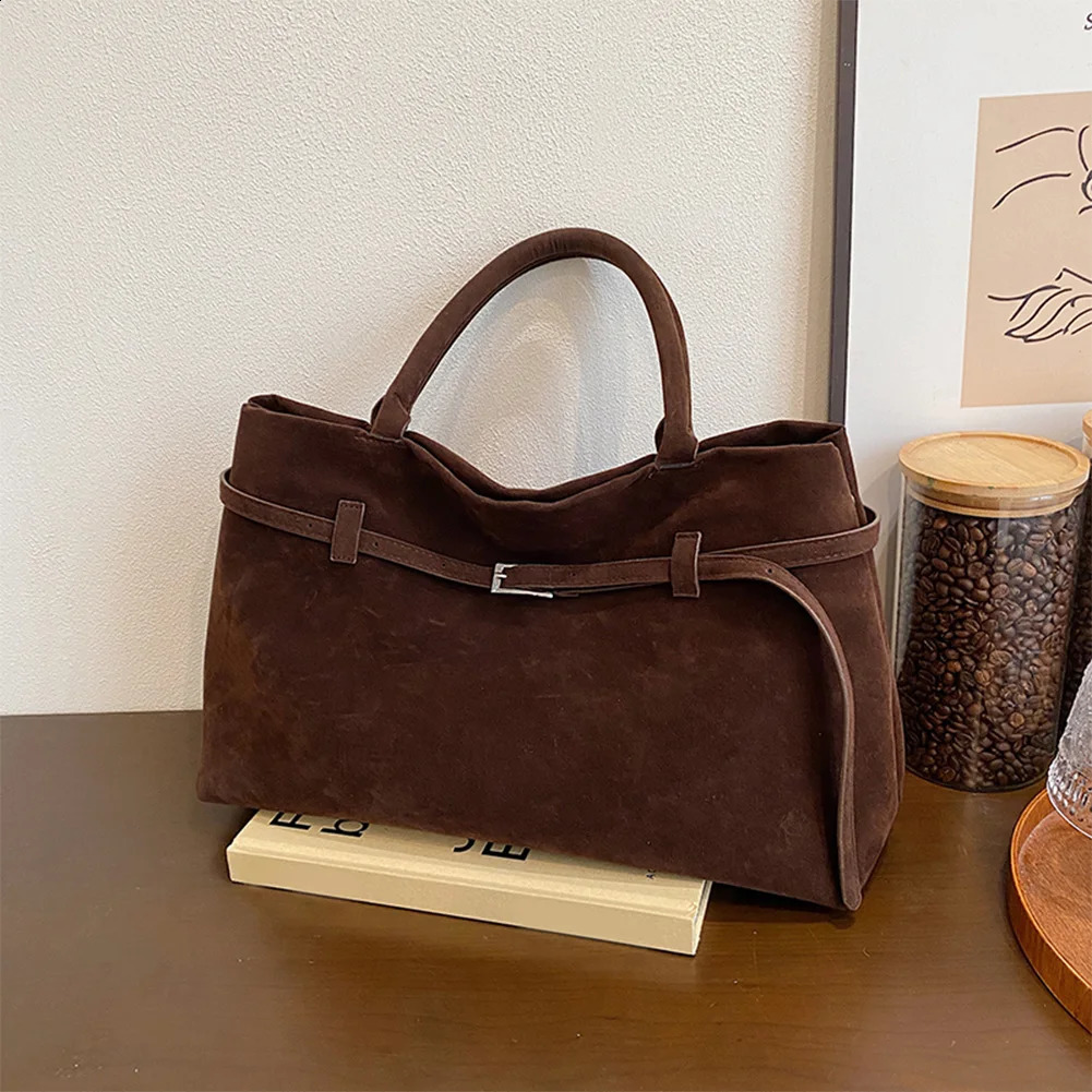 Women Faux Suede Top Handle Bag Large Capacity Tote Bag Solid Shoulder Bag Buckle Decorative for Women Bolsas Femininas 241228
