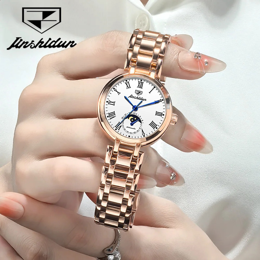 JSDUN 8981 Roman Scale Moon Phase Watch For Women Automatic Mechanical Original Wristwatch Date Waterproof Business Woman 241225