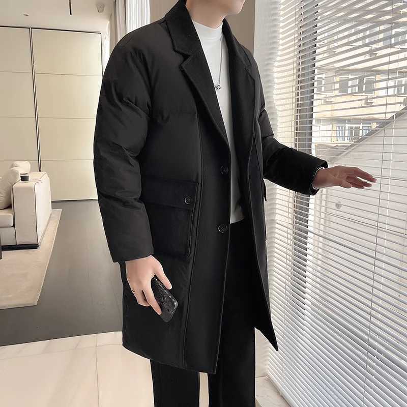 Solid color mens mid length single chest cotton lined jacket winter coat thick and warm long coat windproof Parkas W241228
