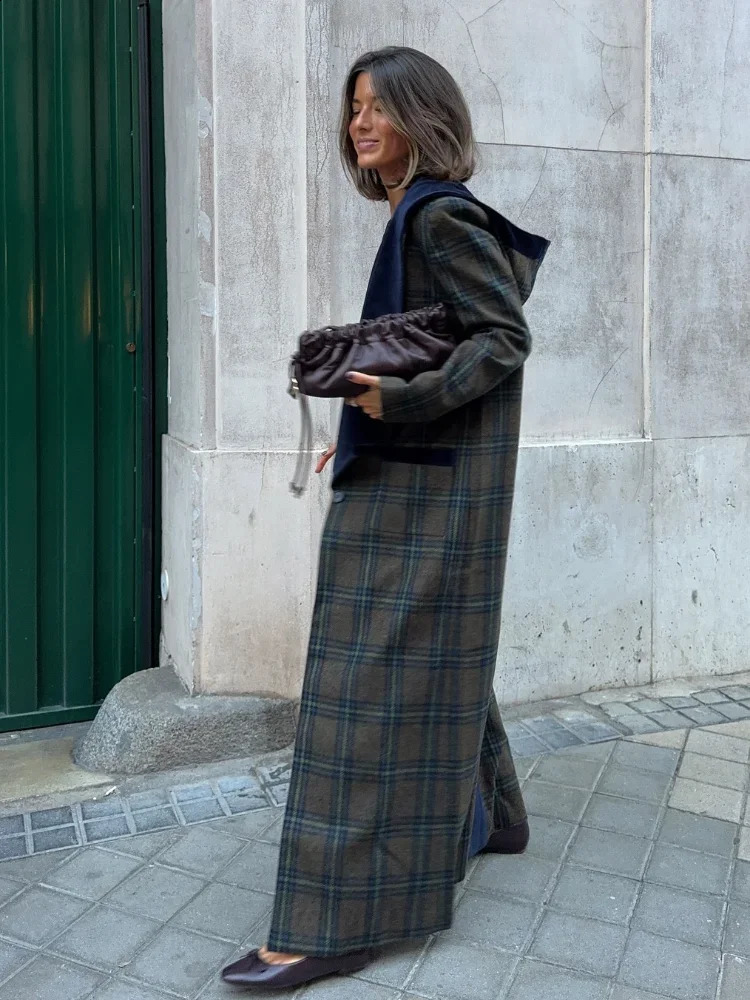Fashion Plaid Velvet Lapel Overcoats Sleeve Pockets Warm Long Jackets Elegant Lady Single Button Street Outerwears 241227