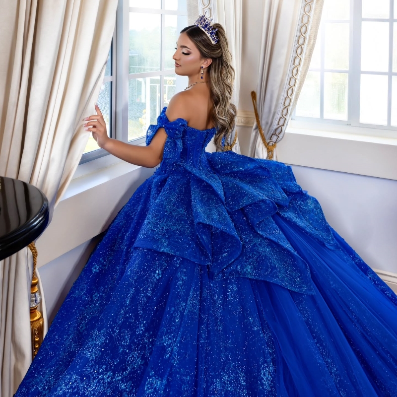 Royal Blue Shiny Quinceanera Dresses Ball Gown Sequin Applique Lace Beading Crystal Tulle Lace-Up Party Princess Sweet 16 Dress Vestido De 15 Anos