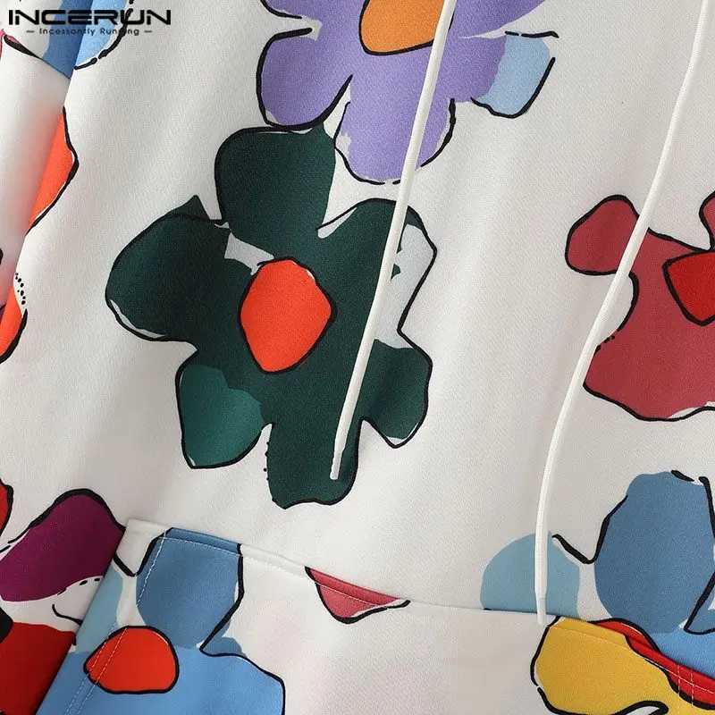 Mens Hoodies Long Sleeve Drawstring Colorful Floral Printed Holiday Pullovers Big Pocket Autumn Streetwear Sweatshirts X241228