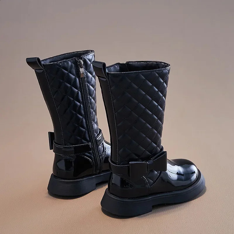 Girls Black Boots Glossy 2024 Side Zipper Children High Boots Bow Kids Versatile Casual Shoes for Catwalk Britain Style Non-slip 241228