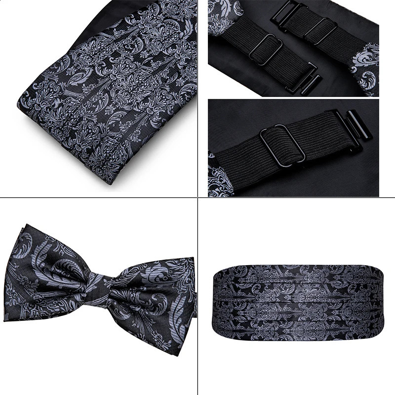 Silk Paisley Tuxedo Mens Cummerbund Bow Tie Pocket Square Set Black Formal Wide Elastic Belt For Men Wedding Party Barry. Wang 241227