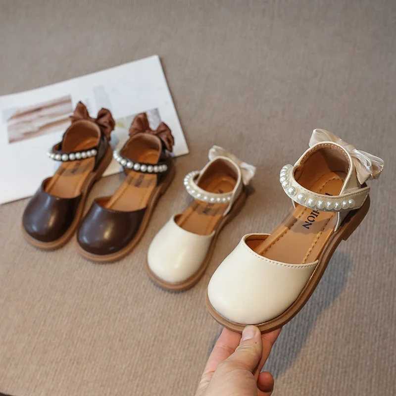 Children Flat Leather Shoes for Girls Fashion Princess 2024 Spring Summer Kids Flats Bowtie on The Back with Pearls Beads Sweet W241228