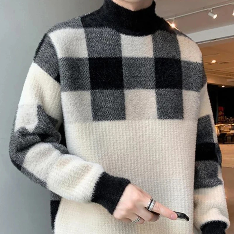 Pullover Man Thick High Collar Turtleneck Fleeced Knitted Sweaters for Men Warm Knitwear in Sweatshirt Streetwear Quality 241227