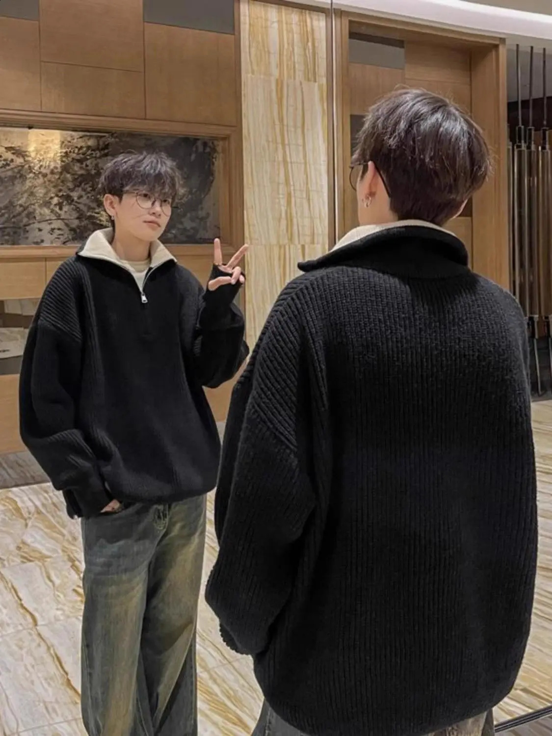 American autumn and winter men and women trendy personality lazy style zipper lapel couple loose knit pullover sweater harajuku 241227