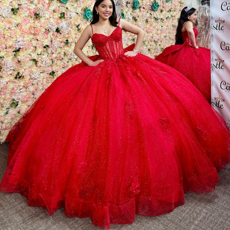Red Quinceanera Dresses Ball Gown Spaghetti Strap Applique Bow Beads Tull Corset Party Birthday Sweet 16 Vestido De 15 Anos