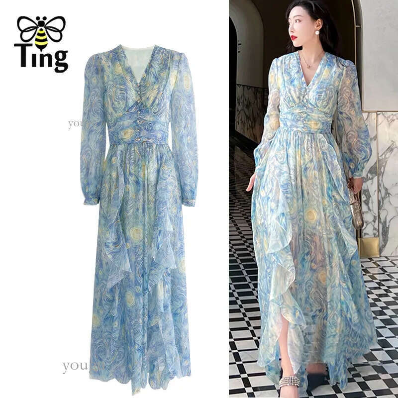 Casual Dresses Tingfly Button Decor Artistic Van Gogh Starry Painting Print Flowy Long Party Dinner Women Ruffles Vintage Robes 221018