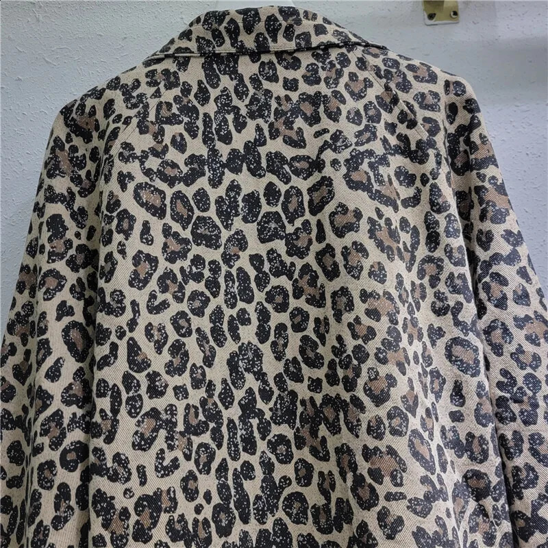 DEAT Womens Denim Coat Patchwork Leopard Printed Long Sleeve Zipper Turn-down Collar Jackets 2025 Fashion Spring 33A 241223
