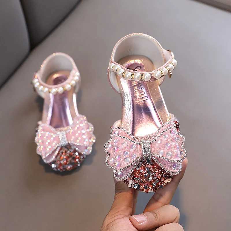 Girls Sequins Princess Flats Summer Childrens Student Dance PU Shoes Pearl Fashion Kids Rhinestone Bow Sandals W241228