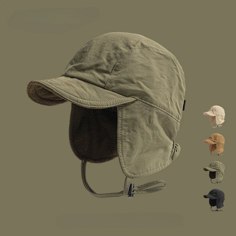 Japanese Retro Solid Color Velvet Pilot Hat Winter Outdoor Warm Ear Protection Windproof Skiing Bomber Hats for Men and Women 241227