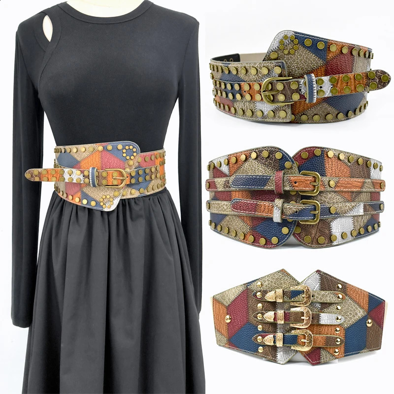 Deepeel 70cm Fashion Retro Rivet Cummerbund Pin Buckle Wide Belt Women Decorative Corset Dress Shirt Female Elastic Waistband 241227