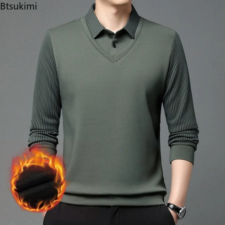 Autumn Winter Mens Fleece Warm Shirts Fashion Stripe Splice Fake Two-piece Business Casual Pullover T-shirts Male Sweater Tops 241223