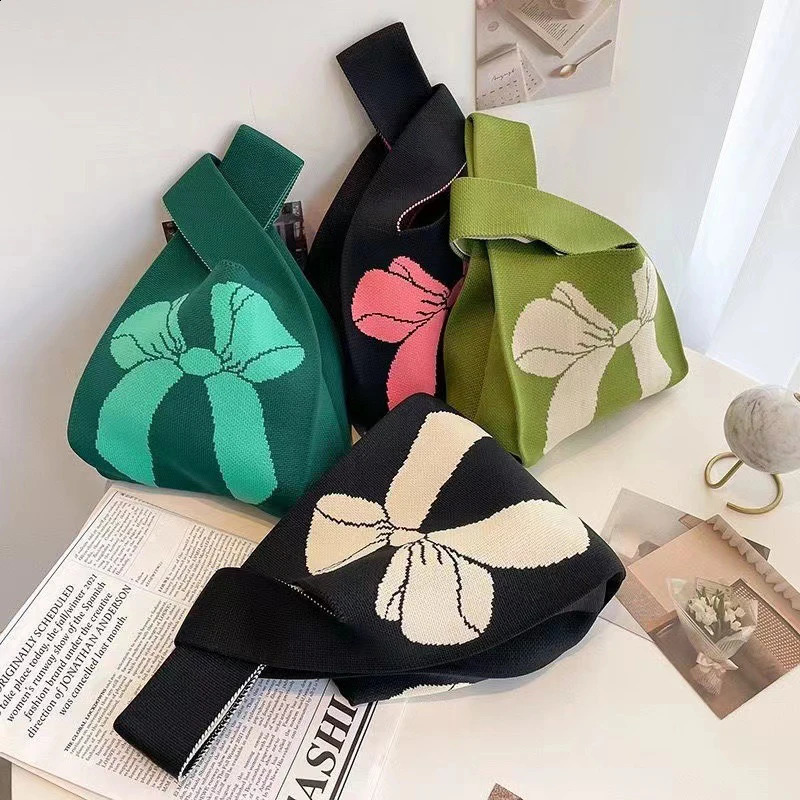 Women Handmade Knot Wrist Bag C Bowknot Knit Handbags asual Small Bow Tote Girls Reusable Shopping Bags 241227