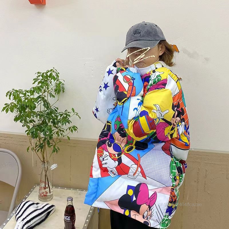 Women's Trendy Winter Cotoon Coat New Korean Version Loose Cartoon Print Jacket Casual Thick Cotton Clothes