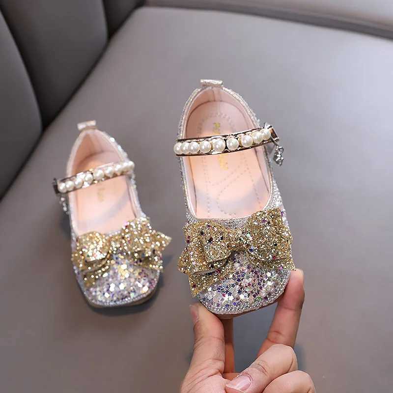 New Childrens Apartment Fashion Glitter Childrens Wedding Par Mary Jane Shoes Pearl Bow Girl Princess Leather Shoes W241228