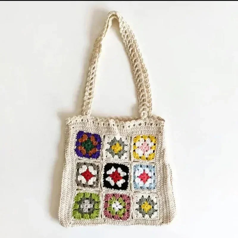Women Boho Woven Tote Summer Beach Handbag Floral Handmade Weaving Shoulder Bags Hand Crochet Bag Flower Stitching Shopper Bag 241227