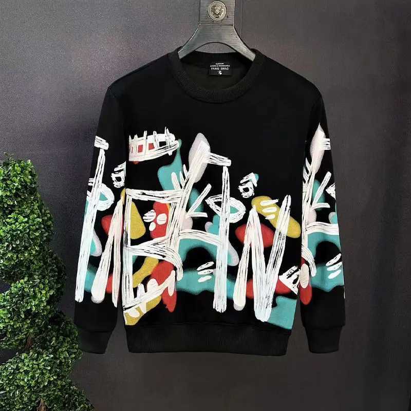 Premium Graffiti Hoodie Mens Trendy T-shirt Spring and Autumn Long Sleeve 2024 New Winter Coat with Velvet X241228