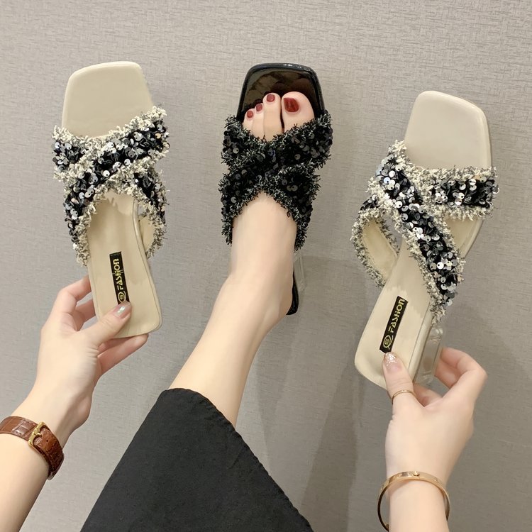 Women Slippers High Heel Sandals Fairy Style Trendy Fashion Versatile Ladies Triple Black Silver Plus Size 35-43 Free shipping