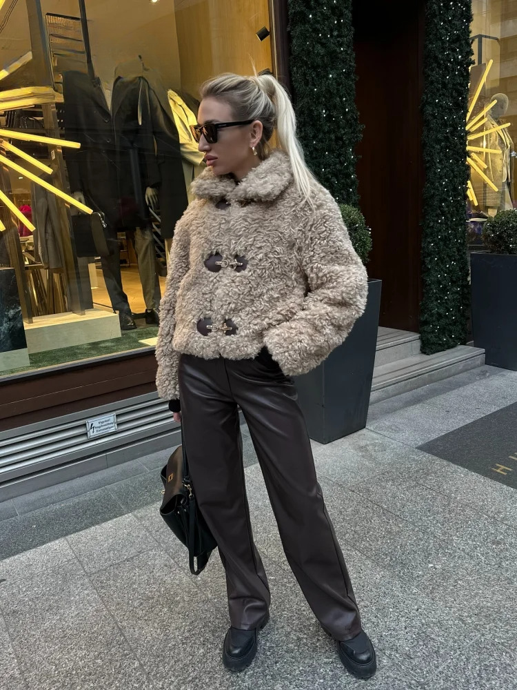 Lamb Wool Double Breasted Women Coat Solid Full Sleeve Lapel Female Jacket Autumn Winter Thicken Lady Overcoat
