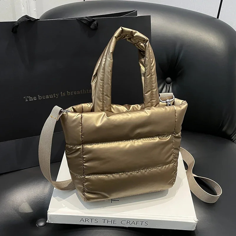 Black Padded Handbags Quilted Women Shoulder Bags Nylon Down Cotton Small Crossbody Bag Winter Tote Purse 241227