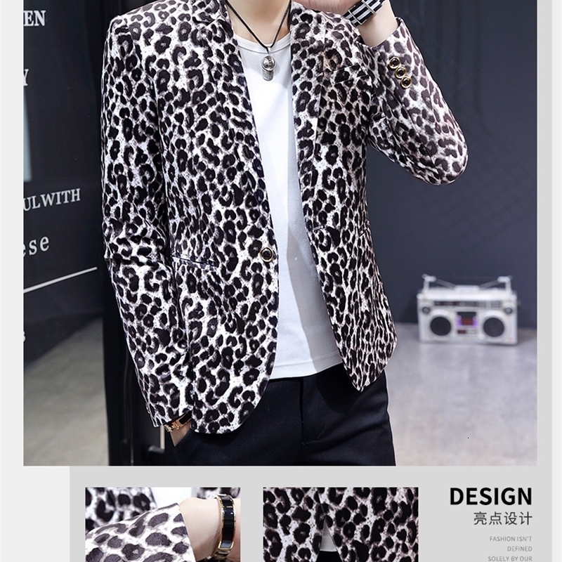 HOO L Mens Casual Thin Handmade Slim Leopard Print Jacket 241227