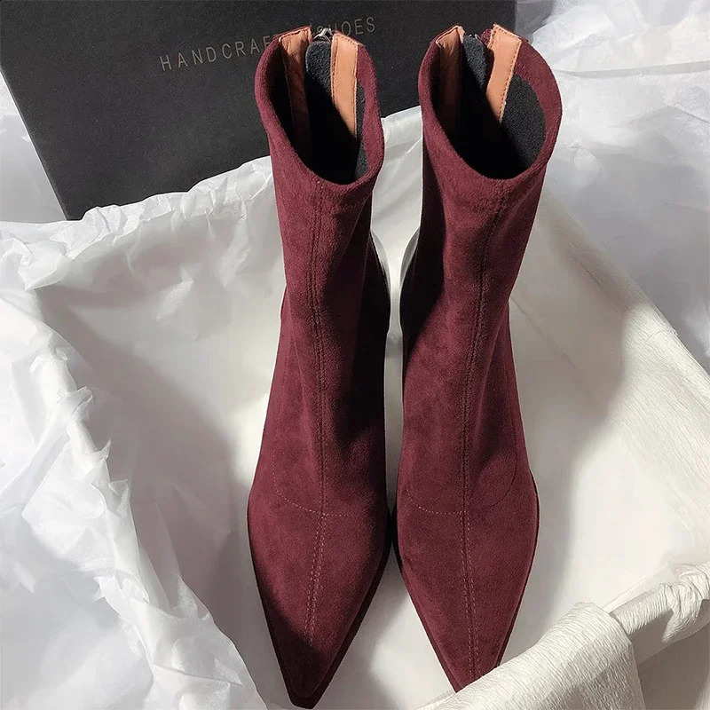 Women High Heels Pointed Toe Ankle Chelsea Boots Suede Chunky Fashion Walking Shoes Winter Pumps Dress Zapatos Mujer 241223