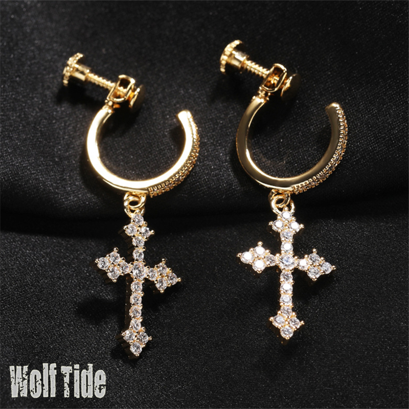 Hip Hop Spiral Buckle Cross Earrings For Men Versatile Street Punk Rock Rapper Ear Ring 14k Gold Prong Cubic Zirconia Nightclub Piercing Earrings Jewe