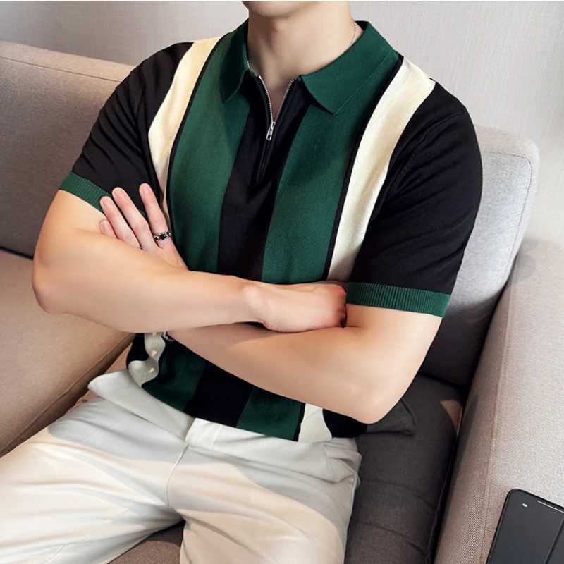 New Style Mens Striped Short-sleeved Knitted shirt Shirts Male Slim Fit Fashion Mens Clothing Base Shirt Tops 4XL-M X241228
