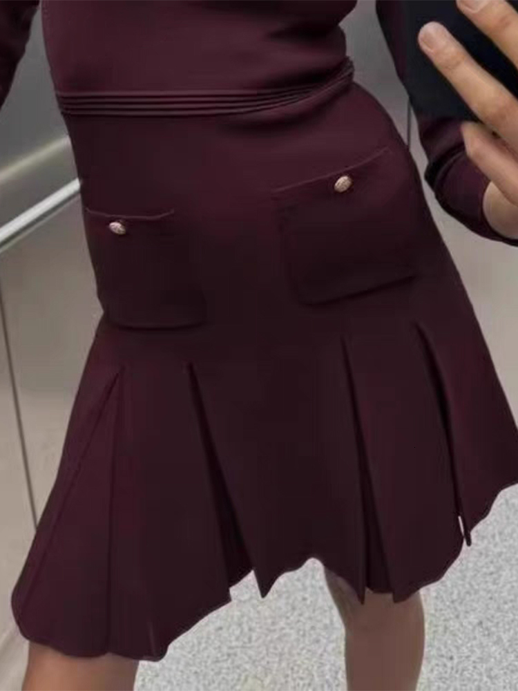 Casual Knitted Dress Women O-Neck Full Sleeves Buttons Pleated Mini Dresses Female 2025 Early Spring Fashion Knitting Lady Robes