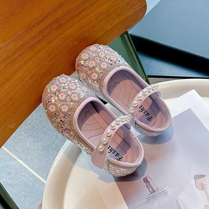 Unishuni Girls Bling Crystal Princess Flats Kids Floral For Dance Shoes Child Soft Mary Janes Baby Girls Pearl Casual Shoes W241228