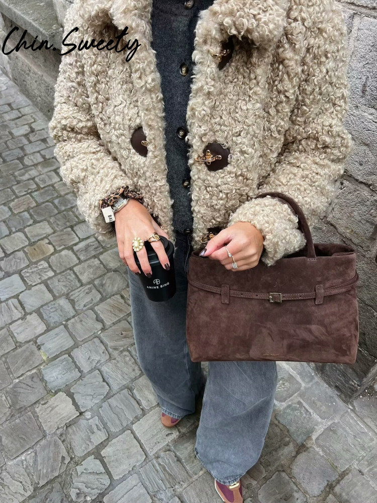 Lamb Wool Double Breasted Women Coat Solid Full Sleeve Lapel Female Jacket Autumn Winter Thicken Lady Overcoat